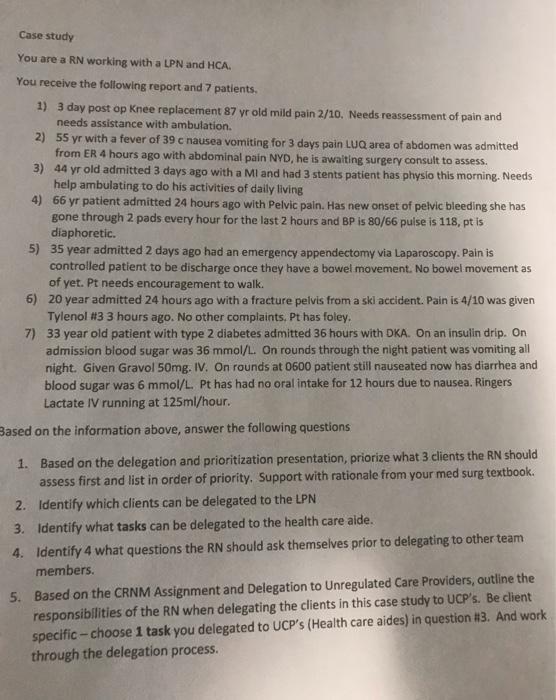 Case study You are a RN working with a LPN and HCA. You receive the following report and 7 patients. 1) 3 day post op Knee re