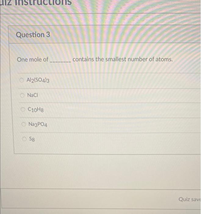 Solved UIZ Instructions Question 3 One mole of contains the | Chegg.com