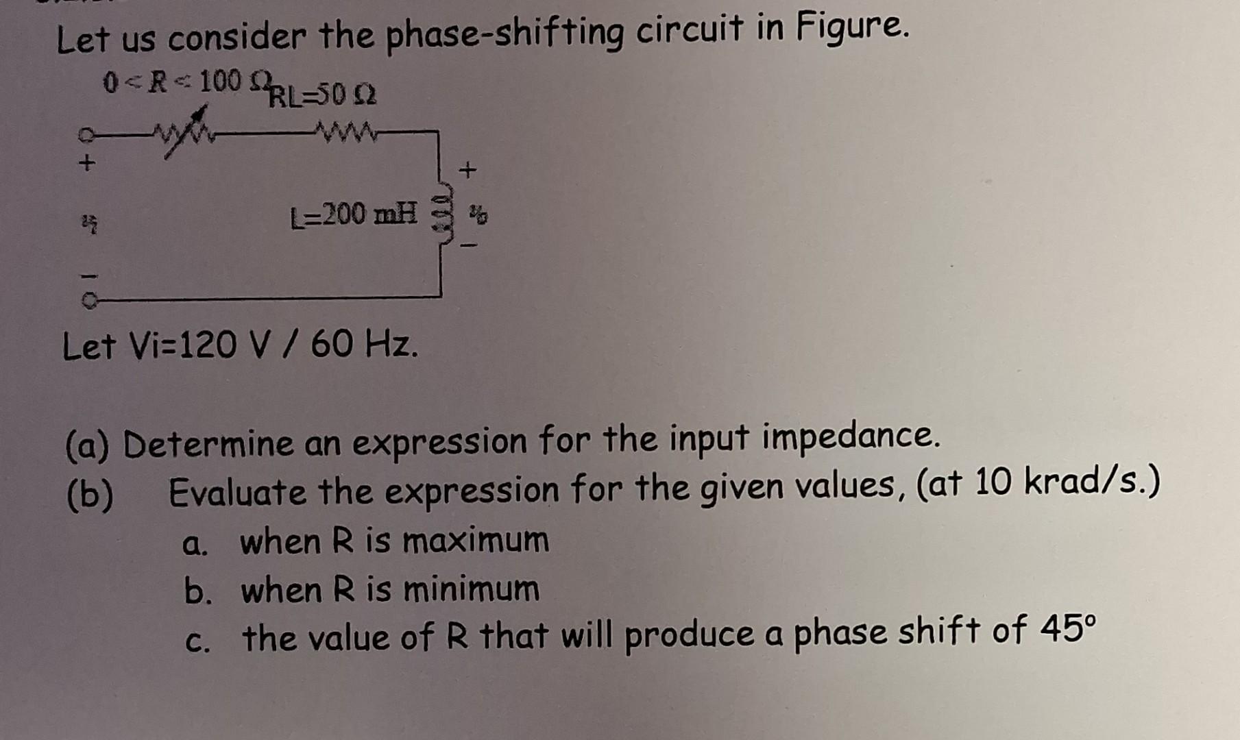 Solved Let Us Consider The Phase-shifting Circuit In Figure. | Chegg.com