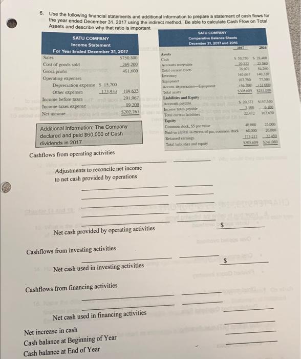 Solved statement of cash flows for 6. Use the following | Chegg.com