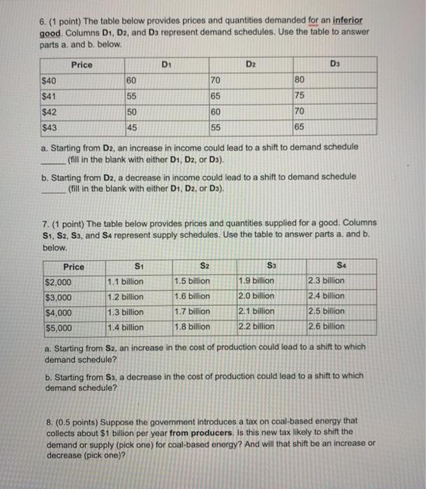 Solved 6. (1 point) The table below provides prices and | Chegg.com