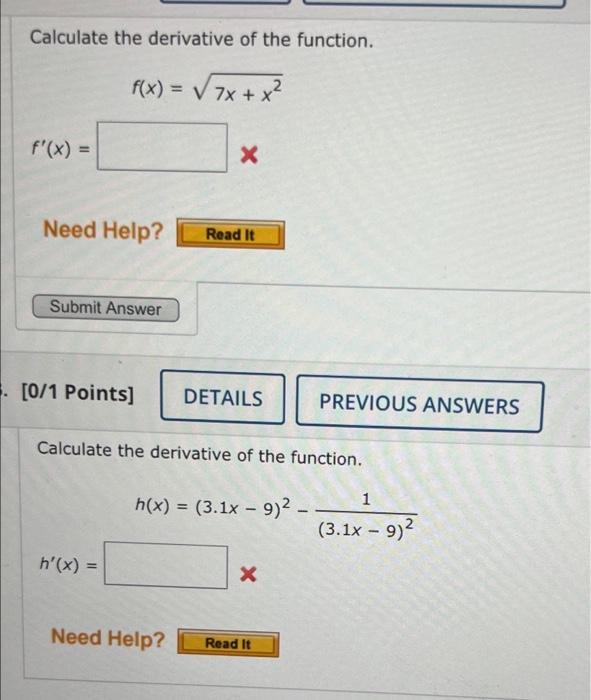 calculate the derivative of the function f x 7x x2