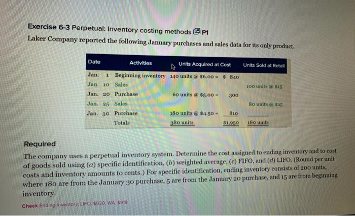 Solved Exercise 6-3 Perpetual: Inventory Costing Methods 1 | Chegg.com