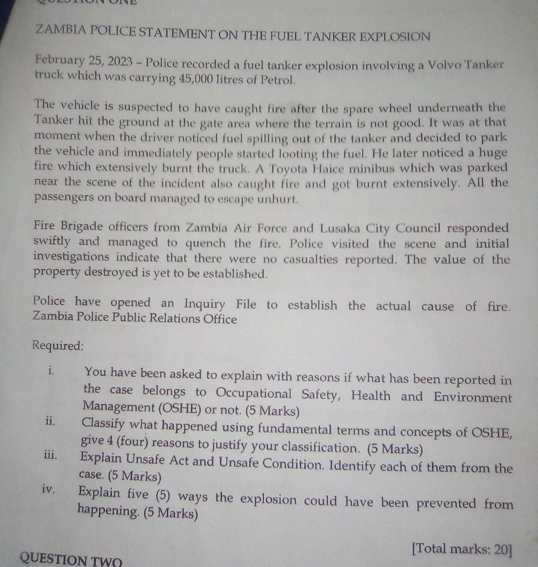 ZAMBIA POLICE STATEMENT ON THE FUEL TANKER EXPLOSION