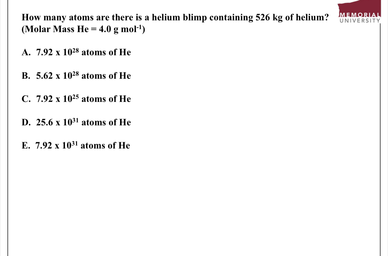 Solved How many atoms are there is a helium blimp containing
