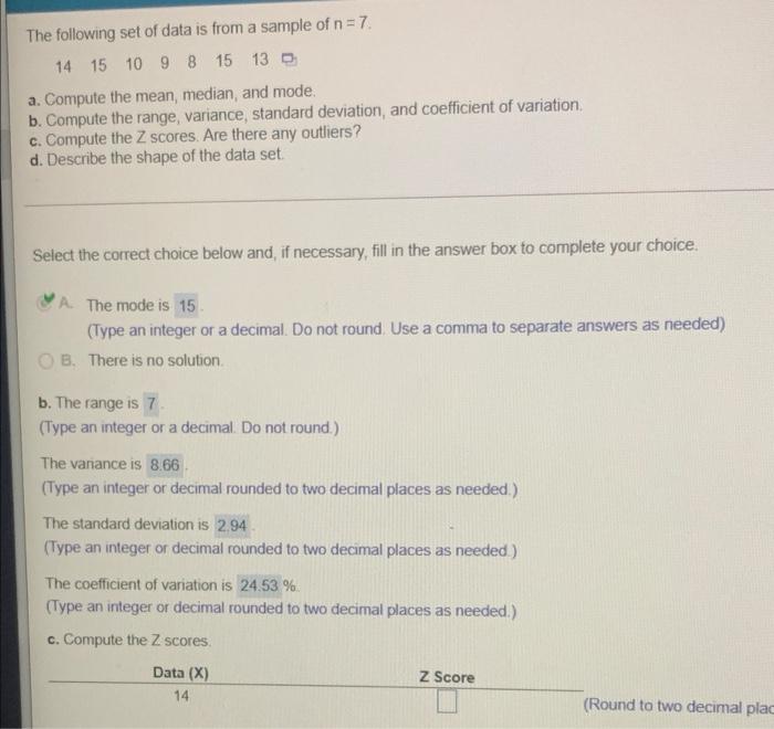 Solved The following set of data is from a sample of n = 7 | Chegg.com