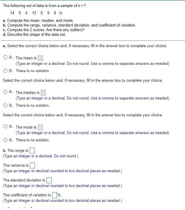 Solved The following set of data is from a sample of n=7. 14 | Chegg.com