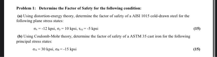 Solved Problem 1: Determine the Factor of Safety for the | Chegg.com