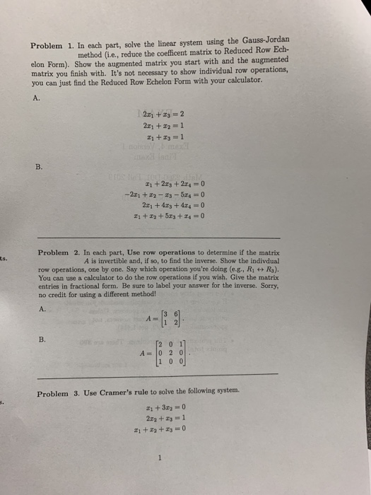 Solved Problem 1. In each part, solve the linear system | Chegg.com
