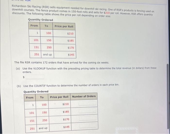 Solved Richardson Ski Racing (RSR) sells equipment needed