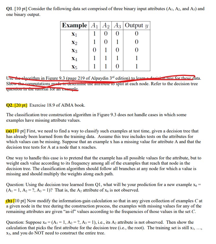 Solved Q1. [10 ﻿pt] ﻿Consider the following data set | Chegg.com