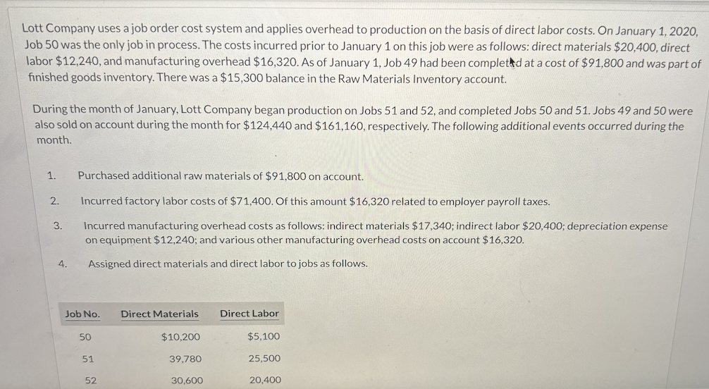 Solved Lott Company uses a job order cost system and applies | Chegg.com