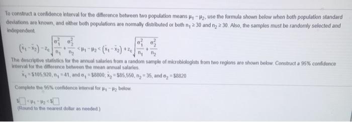 Solved To construct a confidence interval for the difference | Chegg.com