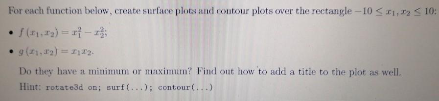 Solved For each function below, create surface plots and | Chegg.com