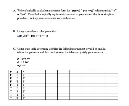 Solved A. Write a logically equivalent statement form for | Chegg.com