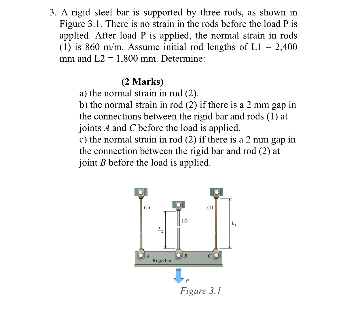 Solved A rigid steel bar is supported by three rods, as | Chegg.com