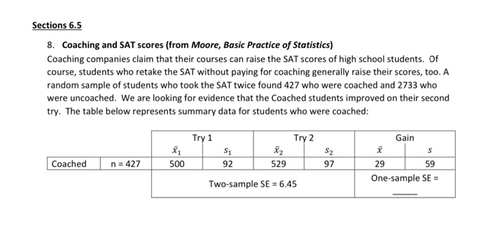 Solved Sections 6 5 8 Coaching And SAT Scores from Moore Chegg
