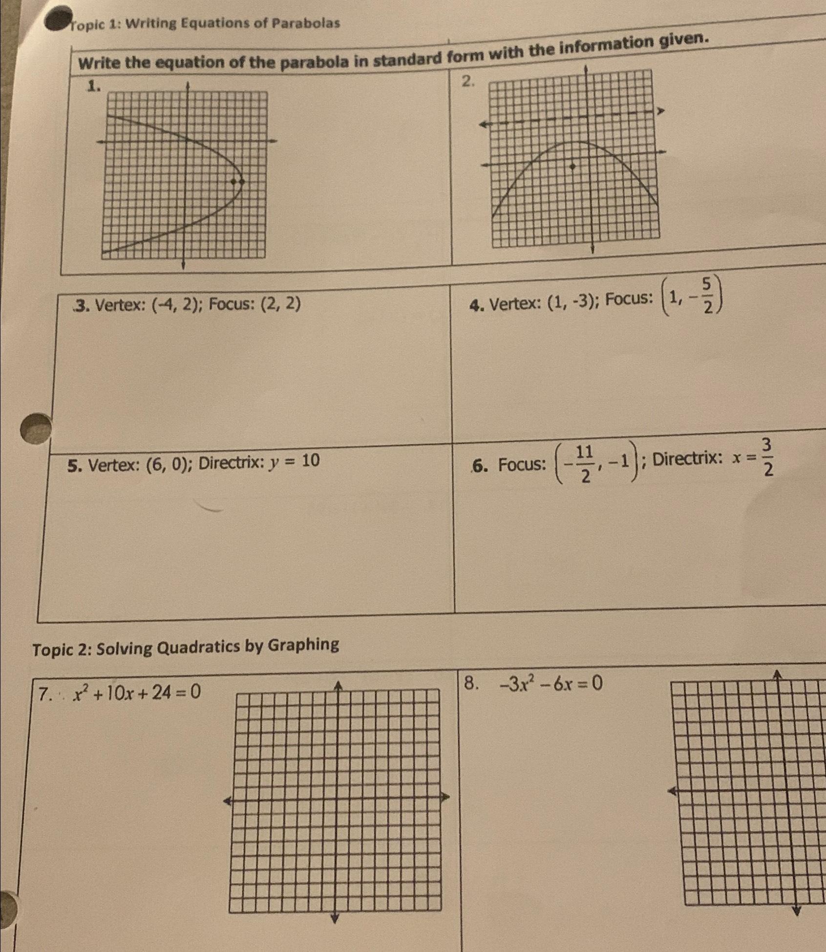 homework 7 writing equations of parabolas