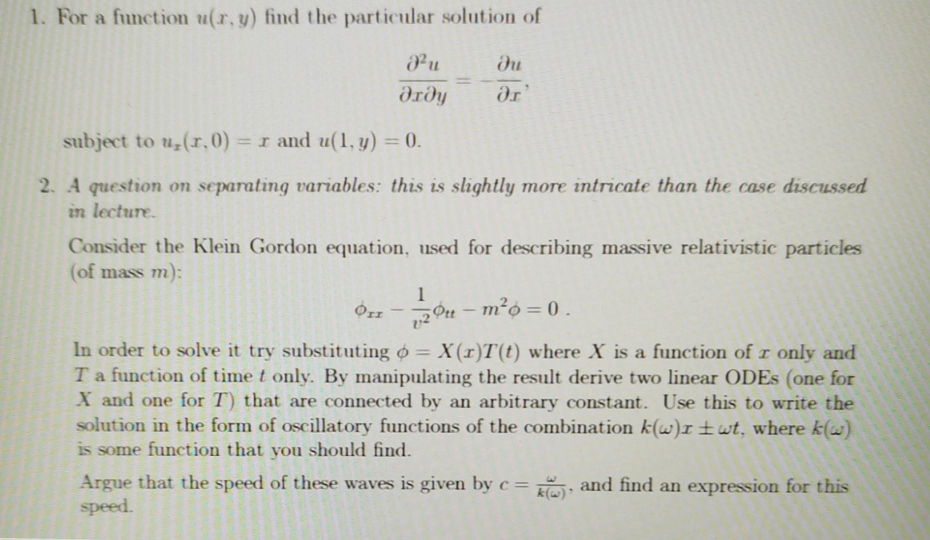 Solved 1. For a function u(x,y) find the particular solution | Chegg.com