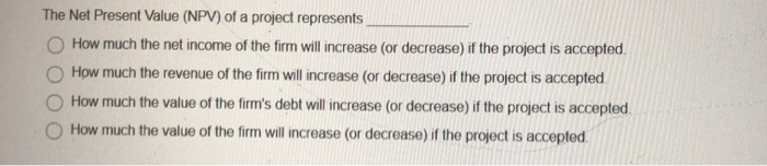 Solved The Net Present Value (NPV) of a project represents | Chegg.com