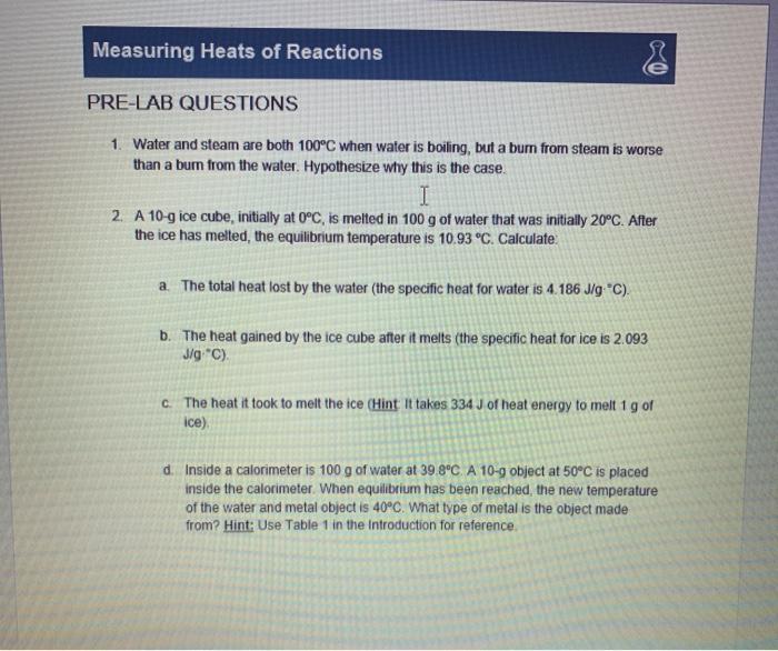 Solved Measuring Heats of Reactions PRELAB QUESTIONS 1.