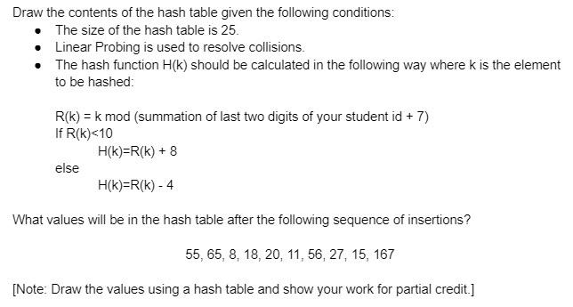 Solved Draw the contents of the hash table given the | Chegg.com