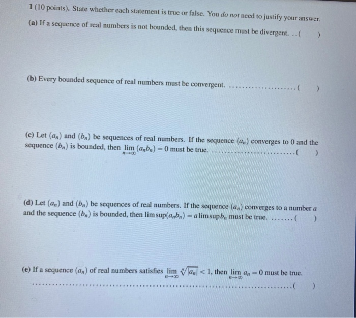 Solved 1 (10 points). State whether each statement is true | Chegg.com