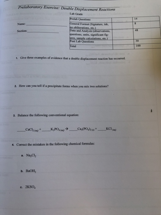 Solved Prelaboratory Exercise Double Displacement Reactions