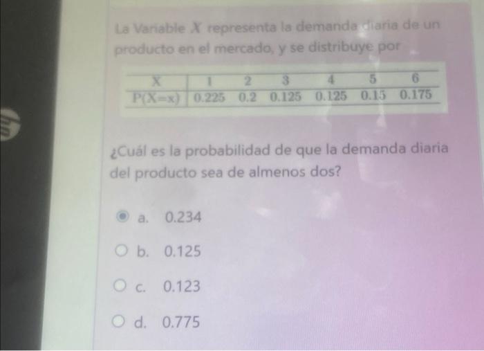 La Variable X representa la demanda diaria de un producto en el mercado, y se distribuye por X 2 3 4 5 6 P(X-x) 0.225 0.2 0.1