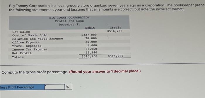 Solved Big Tommy Corporation is a local grocery store | Chegg.com