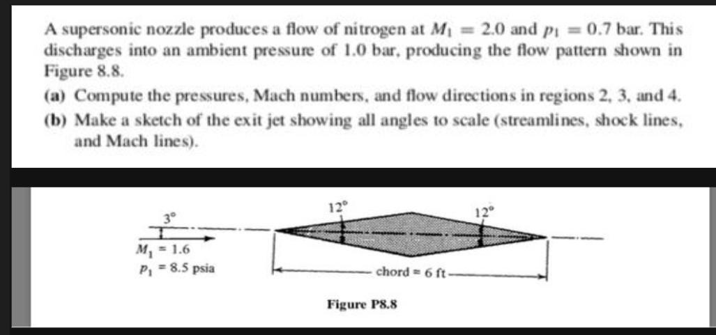 A supersonic nozzle produces a flow of nitrogen at M? = 2.0 and p = 0.7 bar. This
discharges into an ambient pressure of 1.0 