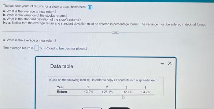 Solved The last four years of returns for a stock are as | Chegg.com
