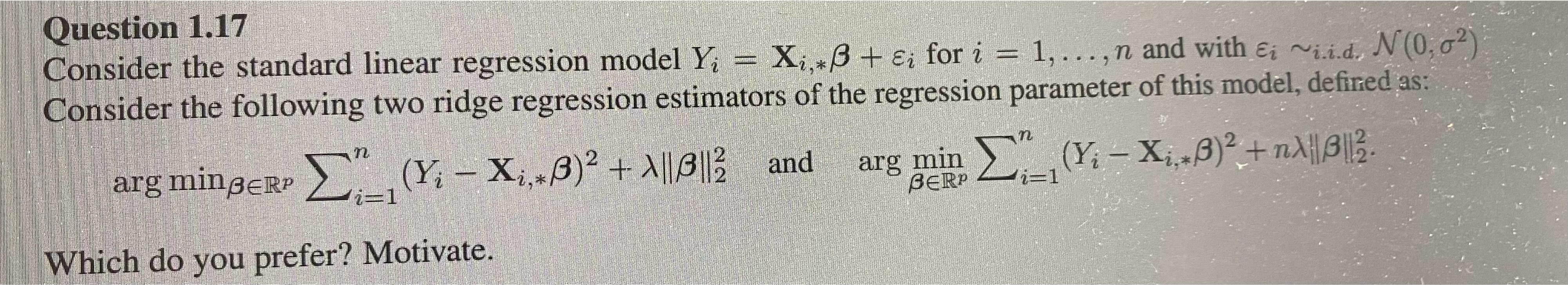 Solved Question 1.17Consider the standard linear regression | Chegg.com