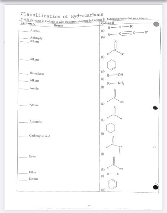 Solved Classification Of Hydrocarbons Match The Name In | Chegg.com