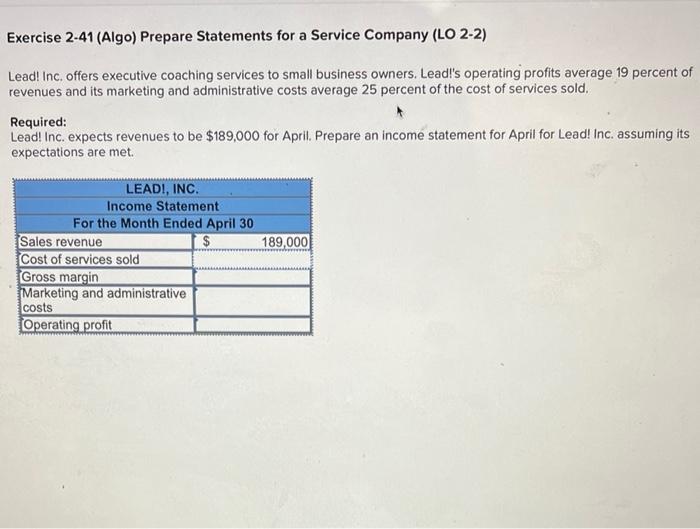 Solved Exercise 2-41 (Algo) Prepare Statements for a Service | Chegg.com