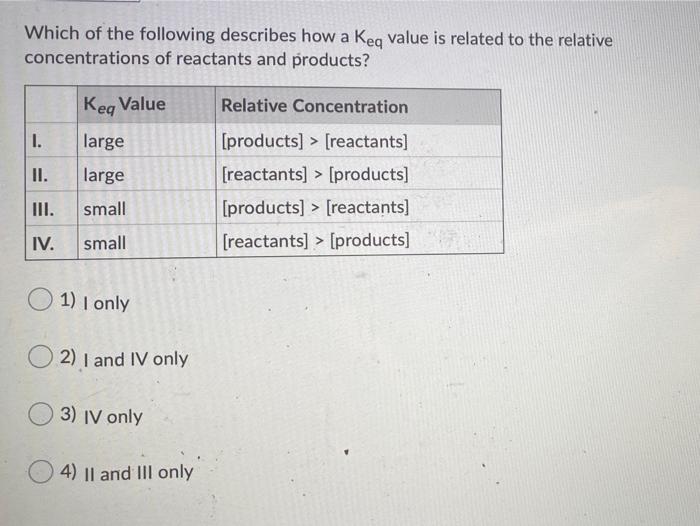 Solved Which of the following describes how a Keq value is | Chegg.com