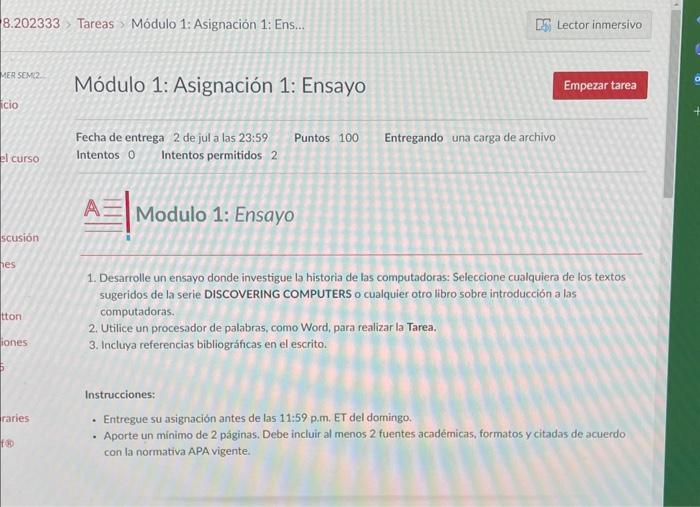 A \( \equiv \) Modulo 1: Ensayo 1. Desarrolle un ensayo donde investigue la historia de las computadoras: Seleccione cualquie