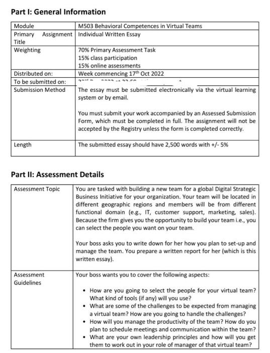 Solved Part I: General Information Part II: Assessment | Chegg.com