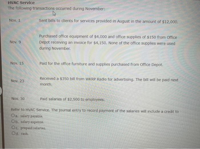 Solved HVAC Service The following transactions occurred | Chegg.com