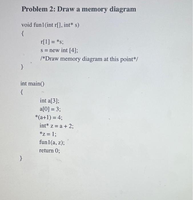 Solved Problem 2: Draw a memory diagram void fun 1( int r[], | Chegg.com
