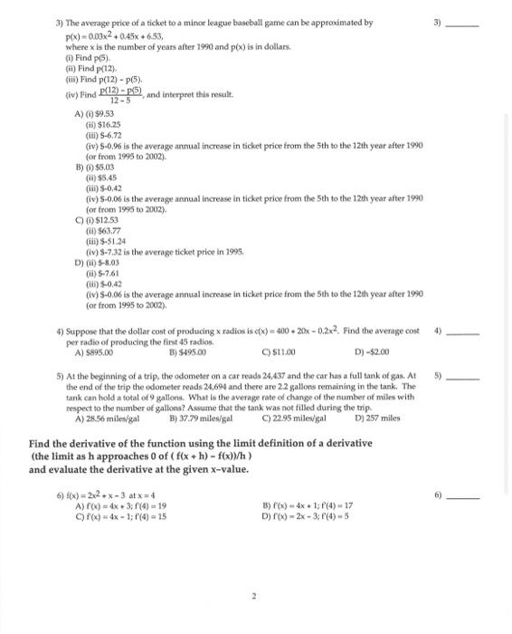 Solved MAC 2233 Business Calculus Name: Average \& | Chegg.com