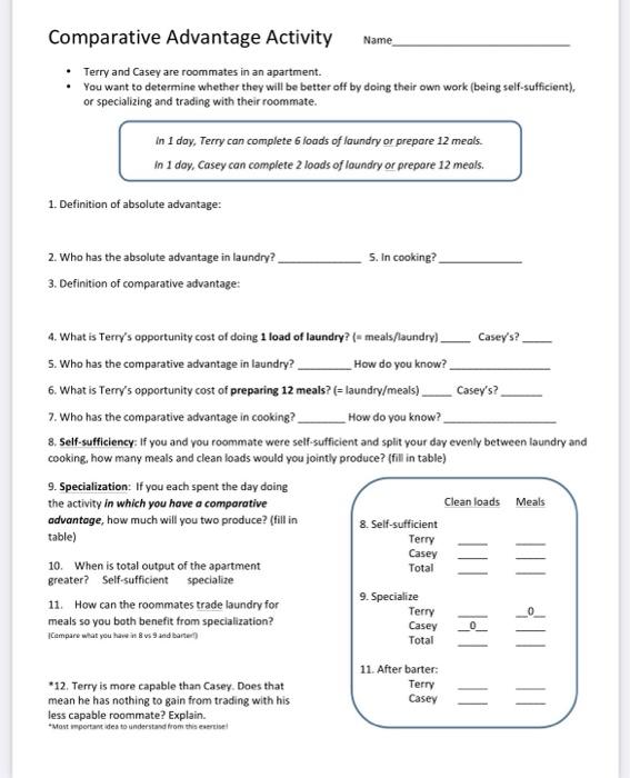 Solved Comparative Advantage Activity Name Terry and Casey | Chegg.com