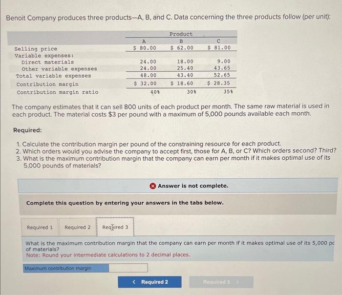 Solved Benoit Company produces three productsA, B, and C.
