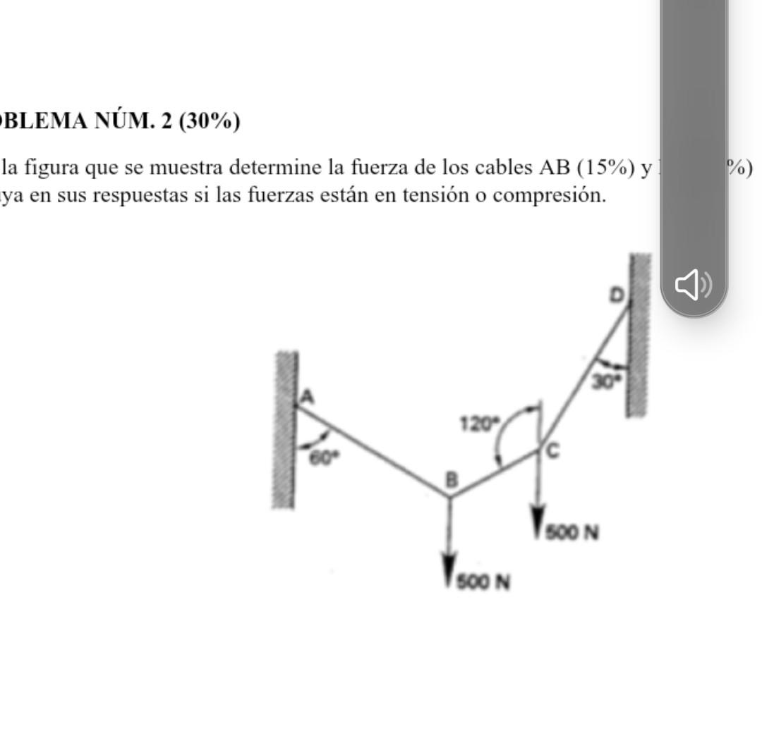 la figura que se muestra determine la fuerza de los cables \( \mathrm{AB}(15 \%) \) y ya en sus respuestas si las fuerzas est