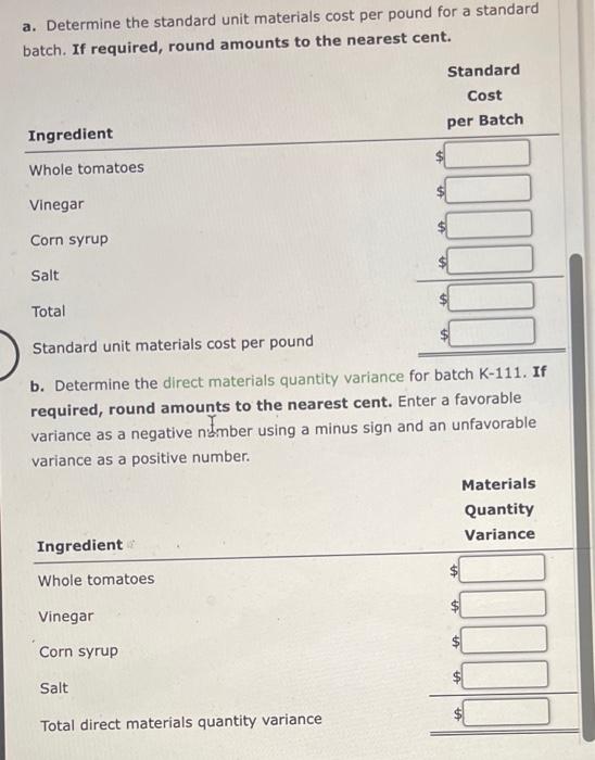 Solved Standard Product Cost, Direct Materials Variance H.J.