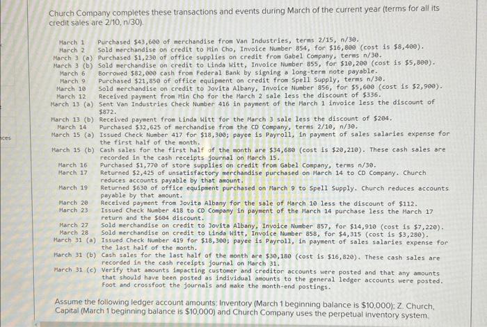Solved Church Company Completes These Transactions And | Chegg.com