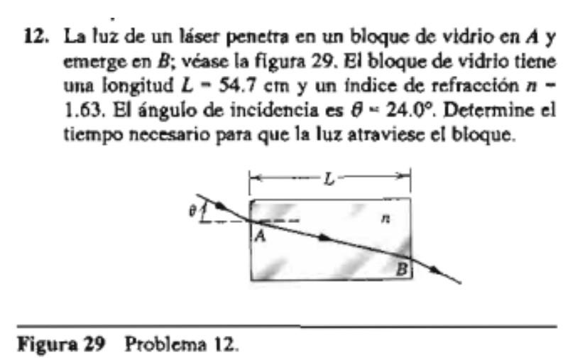 12. La luz de un láser penetra en un bloque de vidrio en \( \boldsymbol{A} \) y emerge en \( B \); véase la figura 29 . El bl