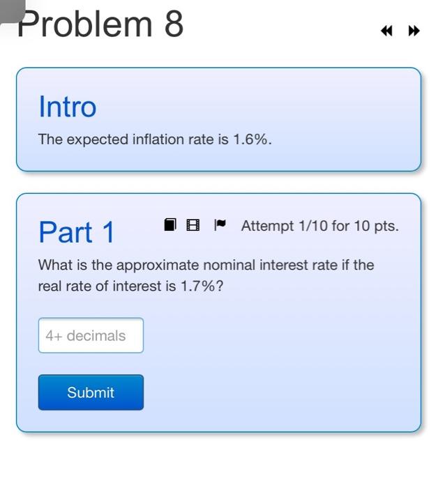 Solved Problem 8 Intro The Expected Inflation Rate Is 1.6%. | Chegg.com