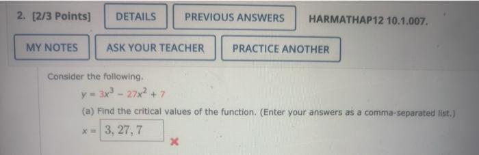 Solved 2. [2/3 Points] DETAILS PREVIOUS ANSWERS HARMATHAP12 | Chegg.com