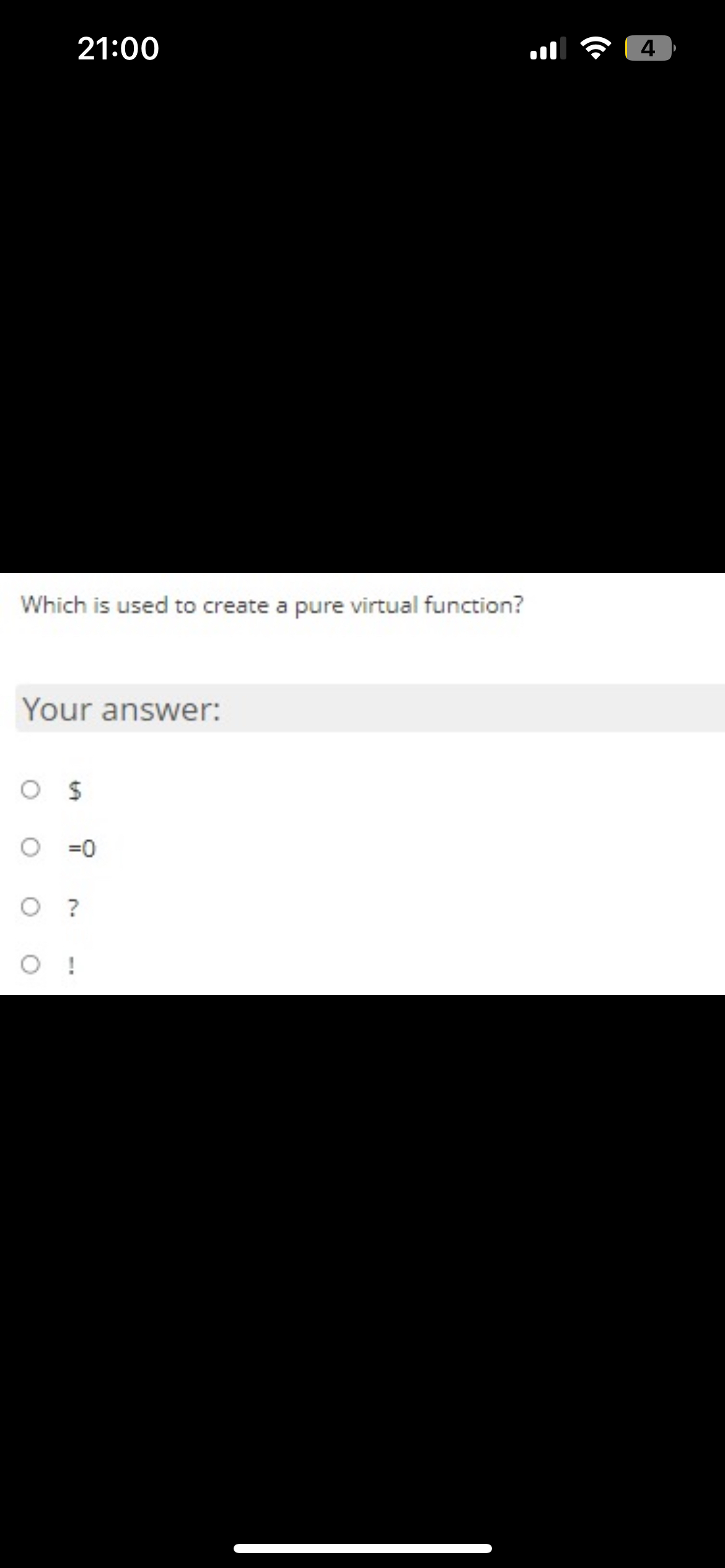 Solved 21:00allWhich is used to create a pure virtual | Chegg.com